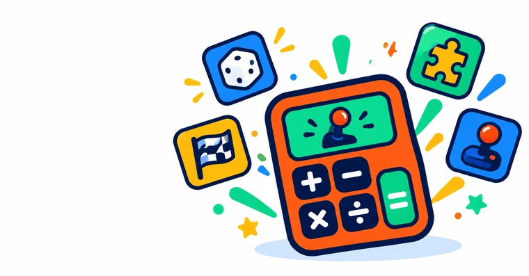 A calculator popping open into game tiles — puzzle, racing, joystick and soccer
